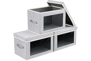 DIMJ 3 Pack Foldable Storage Boxes with Lids - Storage Bins with Clear Window, Fabric Storage Basket with Handle Wardrobe Organiser for Clothes, Toys, Books, Closet, Office