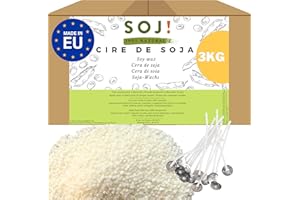 Soj - Cire de Soja végétale SANS OGM, 1KG/2KG/3KG/20KG, E-BOOK+30 MÈCHES OFFERTES! Fabrication de bougies coulées, Cire pour bougie, Cire de soja pour bougie conditionnée en France 3KG
