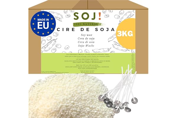 soj! Soj - Cire de Soja végétale SANS OGM 100% Naturelle, 3KG, E-BOOK+30 MÈCHES OFFERTES! Fabrication de bougies coulées, Cire pour bougie, Cire de soja pour bougie conditionnée en France 3KG