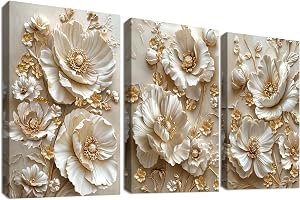 3 st träramade canvasväggkonsttryck Lyxiga aprikosguld 3D-pioner Blommor Målning Vintage blommiga cameo-bilder för vardagsrum