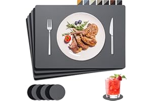 NOSTHEART Tovagliette Americane e Sottobicchieri Set di 6, Lavabili Tovagliette Colazione in Pelle Tovaglietta, Set di Tovagliette in Antiscivolo Impermeabili a Doppia Faccia (Grigio Nero)