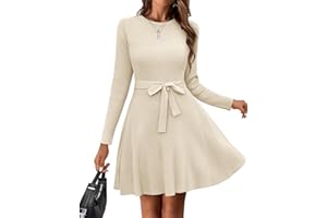 HOTOUCH Jumper Dresses for Women UK Casual Long Sleeve A-Line Dress Bodycon Knitted Dress with Belt S-XXL