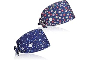 DOPENSPI 2PCS Scrub Caps Women, Adjustable Nurse Caps Elastic Tie Back Working Cap Scrub Cap Men with Buttons Nurse Hats Sweatband for Women Men