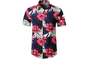 JOGAL Mens Flowers Casual Aloha Hawaiian Shirt