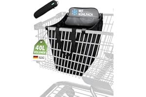 Cottara® Einkaufstasche für Einkaufswagen mit Kühlfach | Faltbare Einkaufswagentasche zum einhängen mit Kühlfunktion & Einkaufschip | Ideale Tasche für Einkaufswagen und Shopper (Schwarz mit Kühlfach)