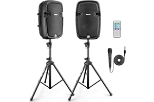 Pyle 1000W Bluetooth PA System – Portable 26cm DJ Speakers with Stands & Wireless Microphone, USB/MP3 Playback, Built-in Amplifier, PA Loudspeaker Set for Parties, Events & Gigs
