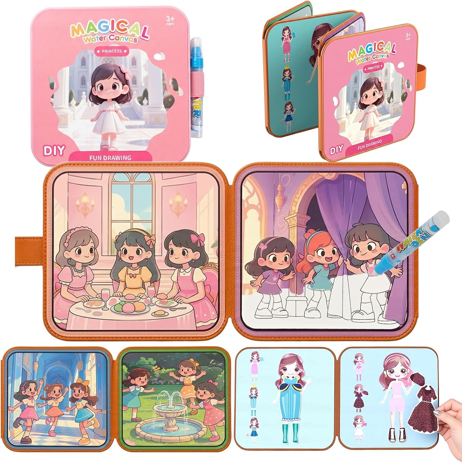 Libro de Colorear con Agua Mágico Princesas, 2 en 1 Reutilizable Libro de Pintura con Agua y Juego de Vestir con Velcro, Juguete Educativo de Viaje para Niñas de 3 a 6 Años