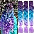 FANWYFYU Ombre Braiding Hair, 3Pack/Lot Ombre Braiding Hair Extensions High Temperature Synthetic 24inch Pre Stretched Braiding Hair,for Box Braids Braiding Hair (Dark Purple-Lake Blue-Light Purple)