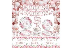 INSPIREYEE 168 PCS Baby Dusche Dekorationen für Mädchen Gender Reveal Party Supplies Baby Girl Geschirr Set-Teller Servietten Banner Rose Gold Floral Mädchen Baby Dusche Dekorationen Party Supplies für 20 Gäste
