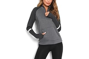 Terecey T-Shirts de Sport Femme à Manches Longues Tee Shirt de Course à Pied 1/4 Zip T Shirt de Compression Thermique Séchage Rapide avec Trous pour Les Pouces Respirant