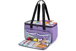 YARWO Bolsa de Labores, Bolsa Portátil de Ovillos con Funda Transpatrentes para Labores de Tejer, Agujas de Tejer Circulares y Rectas, Ovillos de Lanas y Accesorios de Tejer, Púrpura.