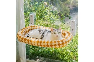 EDAGNY Elegante hamaca para gatos de interior, plegable, con ventana para gatos, de felpa, con cubierta gruesa extraíble, marco de acero resistente con 4 ventosas que soporta hasta 18 kg (naranja, M