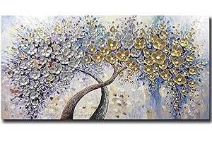 Fokenzary Hand Painted Abstract Modern Flowers Thick 3D Effect Knife Canvas Painting Framed Ready to Hang (16x32in)