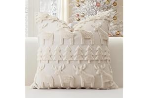 Artscope 1er Set Wolle Kissenbezüge Weicher Plüsch Kurzer Wollsamt Dekokissenbezuge Sofakissen Weihnachten Kissenhülle für Sofa Schlafzimmer Weihnachtsbaum und Elch Creme Beige, 50x50cm