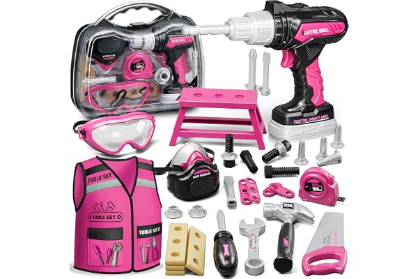 KidBloom Jouet Fille 3 Ans, Boite a Outils Enfant Rose avec Perceuse Électrique, Boîtes à Outils & Gilet, Jouet Enfant 3 4 5 Ans Fille