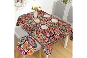 Elitecran Rectangular Boho Garden Tablecloths, Bohemia Washable Waterproof Polyester Table Cloth, Resistant Wrinkle Free Mandala Waterproof Polyester Tablecloth for Banquet Garden Outdoor