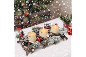RANJIMA Portacandele Decorativo per Natale, Candele Natalizio, Centrotavola Natale, Addobbi Natalizi Per La Casa, Ghirlanda Natalizia Artificiale con Pigne, Portacandele Votivi in Vetro, 3 Candele