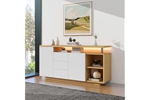 Ymkua Sideboard, Buffetschrank, Kommode mit 2 Türen und 3 Schubladen, Wohnzimmerschrank, Standschrank, TV-Schrank, Wohnzimmerwand, LED-Vitrine, Buffetschrank Esszimmer, 140x40x70 cm (White+Oak)