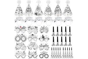 HOWAF New Years Eve Decorations 2026 Accessories, Happy New Year Headband, Party Hats, Glasses, Party Blowers for NYE Party Decorations 2026, Silver