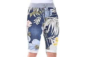 Love My Fashions® Women's Italian Shorts Ladies Summer Cotton Turn-Up 3/4 Cropped Printed Trousers Elasticated Drawstring Knee-Length Denim Magic Shorts