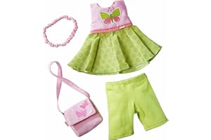 HABA 304253 - Kleiderset Schmetterling, Set aus Kleid, Hose, Handtasche und Haarband, Puppenzubehör für alle 30 cm großen Puppen, ab 18 Monaten