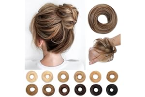 SEGO Pro Real Human Hair Messy Bun Scrunchie, Donut Bun Hair Piece for Women - Straight, 4/27 Medium Brown & Dark Blonde, Pack of 1