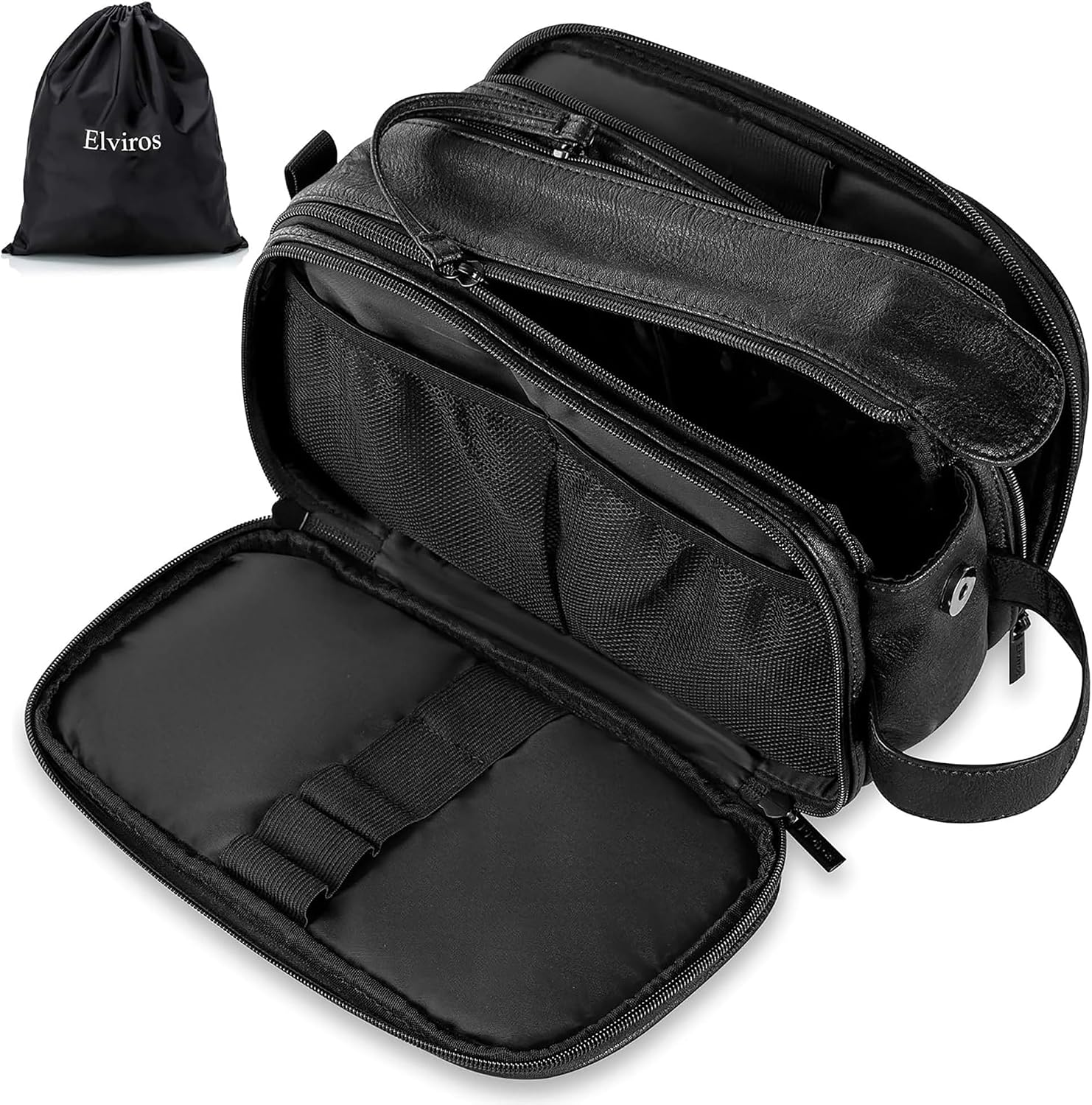Elviros Water-Resistant PU Leather Toiletry Bag for Men Large Travel Wash Bag Shaving Dopp Kit Bathroom Gym Toiletries Makeup Organizer with Wet Dry Bag,Gift for Men