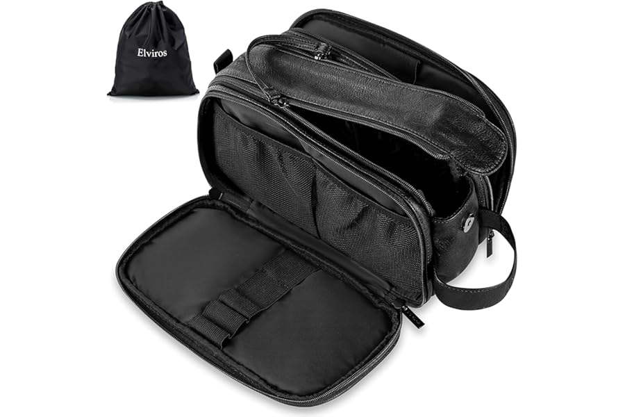 Elviros Water-Resistant PU Leather Toiletry Bag for Men Large Travel Wash Bag Shaving Dopp Kit Bathroom Gym Toiletries Makeup Organizer with Wet Dry Bag,Gift for Men