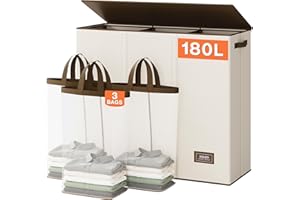 SOLEDI 180L Wäschekorb, Wäschesammler 3 fächer mit Deckel und 3 Wäschesack - Wäschesortierer Groß XXXL Für Badezimmer, Schlafzimmer, Wäschekammer, Kinderzimmer - 3 x 60L