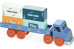 Vilac Wooden Vilacity Container Truck, Includes 4 Magnetic Container Blocks and Vehicle Truck, Wipe Clean, 23 x 11 x 5 cm, 3 Years+