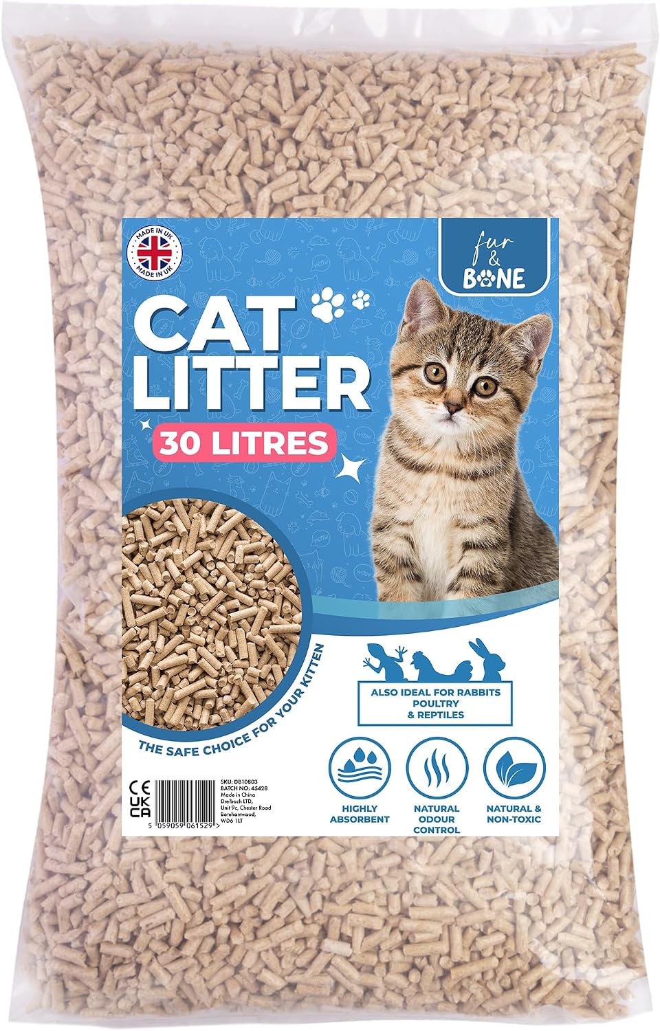 Fur & Bone 1 x 30L Cat Litter - Ultra Absorbent Biodegradable Wooden Pellets, Natural Scent, Odour Control, Soft Bedding for Comfort, Made from Virgin Wood - Unscented