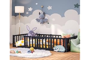 ‎BELLABINO Bellabino Tapi Bett 90x200 cm, Kinderbett mit Rausfallschutz, inklusive Lattenrost, Montessori Bodenbett für Jungen und Mädchen aus Kiefer Massivholz, grau lackiert, Bed