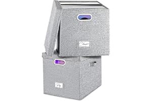 Woodoulogy Vinyl-Schallplatten-Aufbewahrungsbox, 2er-Set, für 100+ einzelne LPs, stapelbare Alben, Leinenkiste mit Deckel, Musiksammlungshalter, Dokumentenmappe, Schrank, Organizer mit Griff, 2 Stück