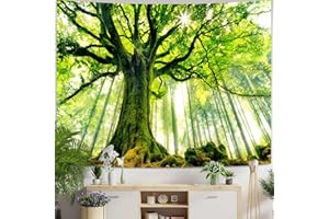 Skcess Tapisserie murale - Paysage naturel - Vert - Arbre - Lever de soleil - Petite décoration murale pour chambre à coucher et salon - 150 x 130 cm