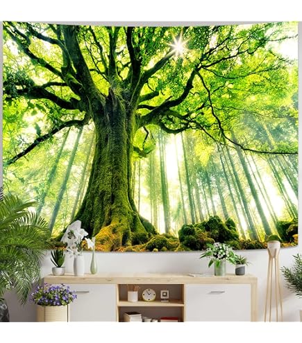Tenture Murale Jungle Tropicale - Motif Feuilles Palmier Vert Forêt - 203x153 Cm - Polyester Déco Salon Chambre
