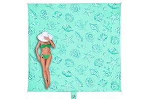WEKAPO Beach Blanket Waterproof Sandproof Oversized, Extra Large Beach Mat Sand Free, Lightweight & Compact Sand Free Mat with 6 Stakes & 4 Corner Pockets (Turquoise Shells, 9 x 8 FT (1～6 Person))