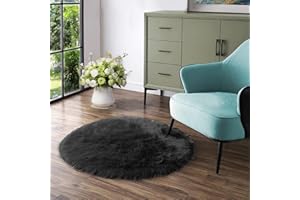 Latepis Teppich Rund Schwarz 90 cm Kunstfell für Esszimmer Teppich Schlafzimmer Bettvorleger Wohnzimmer Flauschiger Teppich Hochflor Waschbar