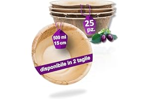 Waipur Ciotole in Foglia di Palma Ecologici - 25 Pz 15 cm / 500 ml - Stoviglie usa e getta Compostabili di Alta Qualità - Eleganti e Resistenti - Simile al Bambu - Ideale per Feste