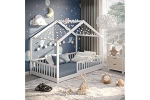 CADANI Malte Hausbett 120x200 cm Weiß, Montessori Bodenbett Rausfallschutz abnehmbar, Kinderbett Umbaubar inkl. Roll-Lattenrost, bis 200 kg belastbar