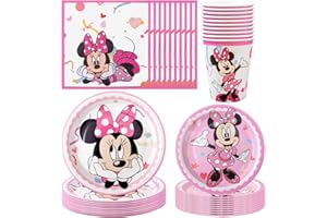 CHUKUA 50Pcs Minnie Mouse Geburtstagsdeko 1 2 3 4 5 6 7 8 Jahre, Mickey Mouse Geburtstagsdeko, Rosa Partygeschirr Set, Pappteller Pappbecher Servietten Teller Set, Geschirr Set