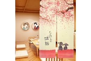 LIGICKY Noren Rideau Japonais Long Tapisserie Fenêtre Rideaux Panneau Tenture Tapisserie Décoration Rose(85×150cm，Chiens Heureux et Fleur de Cerisier