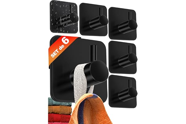 4smile Crochet Adhesif Mural - 6 Pièces, Porte Serviette Salle de Bain, Accroche Torchon Cuisine, Portemanteau Autocollant Acier Inox, Noir