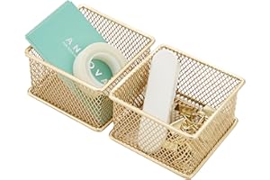Annova Mesh Drawer Cabinet and Shelf Organizer Bins Storage Basket School Office Supply Holder Tray- Set of 2 (Gold, 7.5x7.5x5 cm)