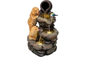 MONSTER SHOP Kaskadierende Outdoor-Wasseranlage – Elektrischer Gartenbrunnen in Grau – warmweiße LED-Leuchten – Netzbetriebene Pumpe – Deko für Garten & Zuhause – Canine Creek – Reinigungsbürste