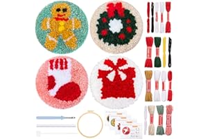 JSRQT 4 Piezas Kit de Posavasos Navideños Aguja Perforada, Kit de Inicio de Bordado Punch Needle para Principiantes Adultos con Patrón de Calcetín Guirnalda, Kit de Aguja Perforada con Herramienta