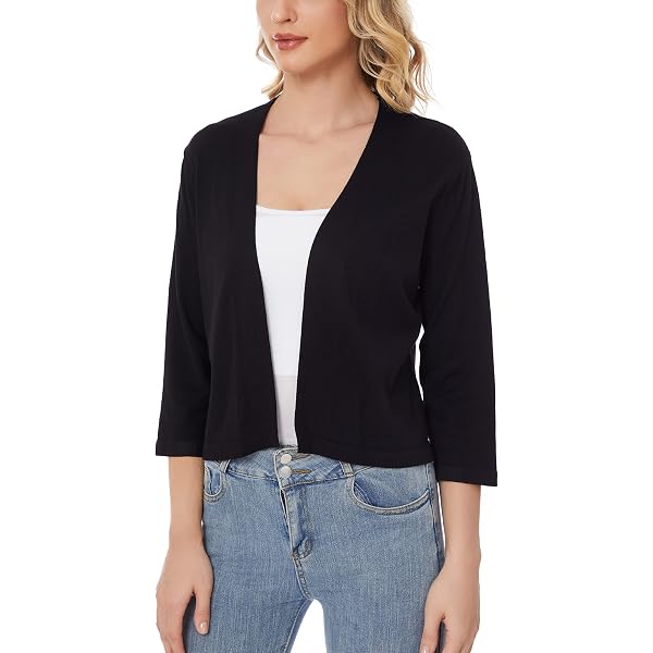 URRU Women's 3/4 Sleeve Open Front Cropped Cardigan Sweater - Lightweight Knit Shrug, Grey, X-Large