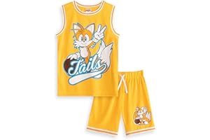 Sonic The Hedgehog Set da basket da 2 pezzi Tails in giallo | Completo sportivo senza maniche per bambini | Divertente abbigliamento sportivo da cartone animato | Abbigliamento da gioco moderno