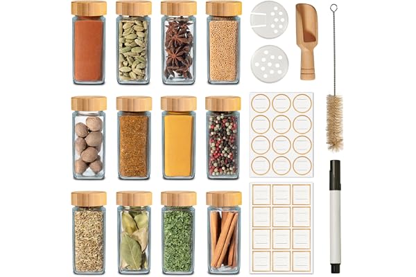 Praknu 12 Kryddburkar Glas 120 ml med Bambulock - Spice Jars Set Kryddburk | Lufttäta, två sorters ströinsatser, 24 återanvändbara etiketter, tål diskmaskin, träsked, rengöringsborste och penna ingår
