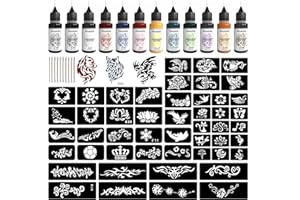 PFARRER Kit Tatuaje Temporal Adulto Tattoo Personalizado 12 Botellas Color 49 Piezas Grandes Tatuajes Temporales Falsos DIY