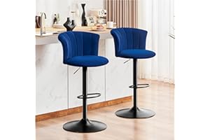 STOOLINK Set di 2 Sgabello da Bar, Sedia da Bar Tessuto Velluto Seta, Sgabelli Cucina con Poggiapiedi, Sgabelli da Bar Regolabile, Sgabelli Bar Girevole a 360° con Schienale-Blu